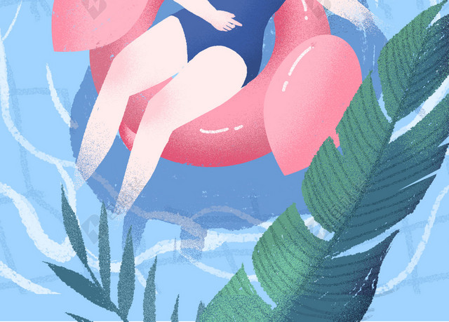 夏天泳池火烈鸟女孩插画海报背景