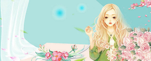 美妆节文艺水彩手绘花瓣蓝BANNER