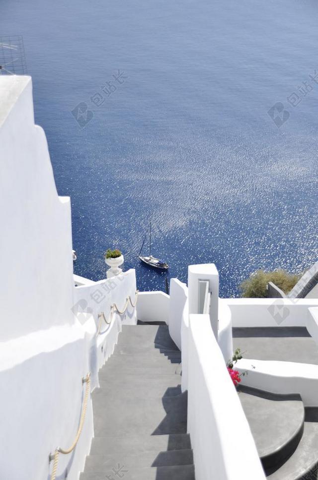 步骤水海 希腊 圣托里尼岛 船 海 地中海