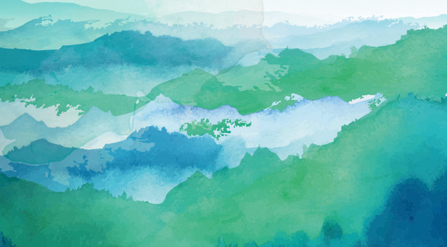 水彩蓝天云海群山背景