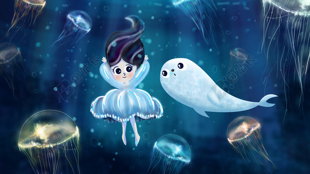 夏季海洋大海女孩海豹水母手绘插画PSD