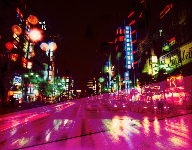 紫色不夜城都市迷幻街道广告背景