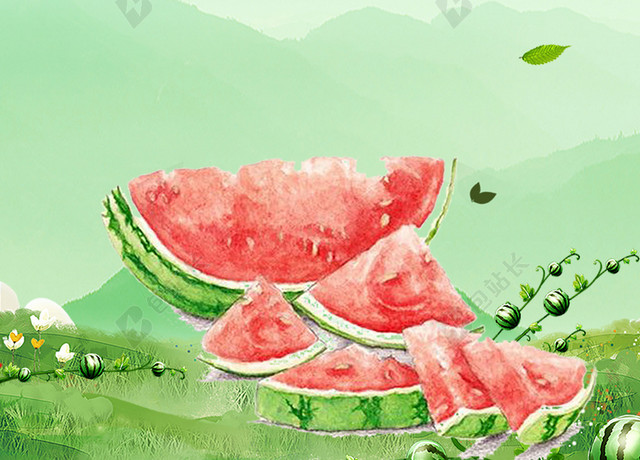 清新手绘绿色西瓜小暑夏日清爽广告背景