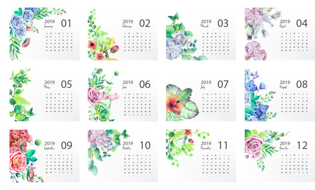 猪年台历彩色浪漫花朵2019日历素材