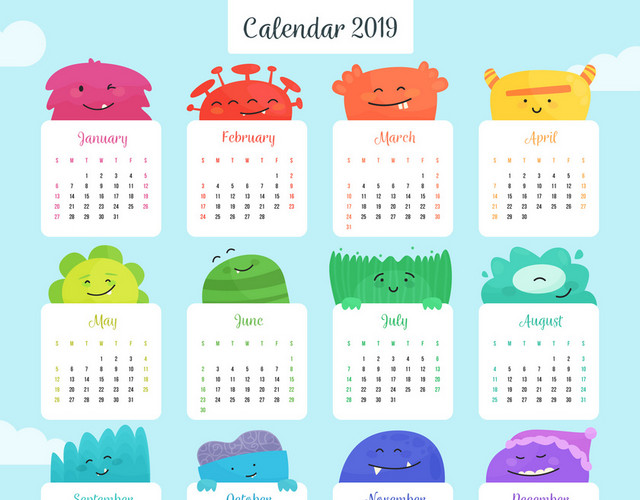 猪年台历彩色卡通角色2019日历素材