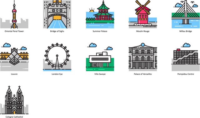 彩色卡通著名建筑风景图标素材