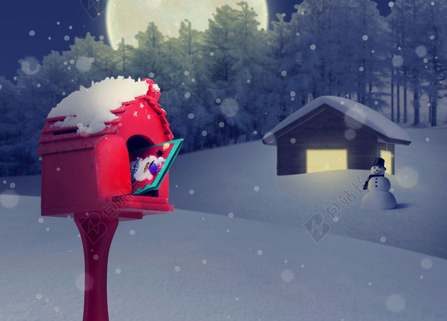 夜幕月亮红色邮筒圣诞小清新手绘插画大雪背景素材