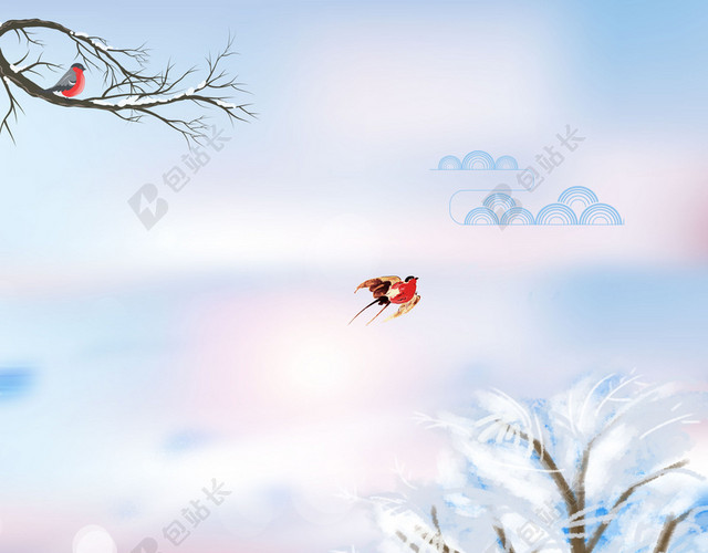 白色雪地午后阳光雪松手绘插画大雪冬季冬天背景素材