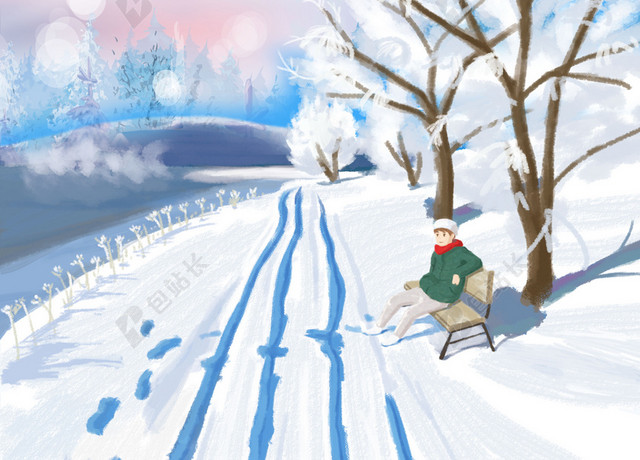 白色雪地午后阳光雪松手绘插画大雪冬季冬天背景素材