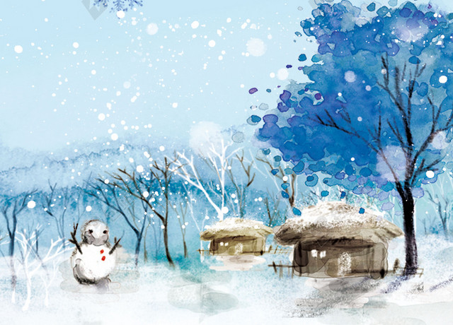 手绘水彩油画风格蓝天下雪雪人大雪背景素材