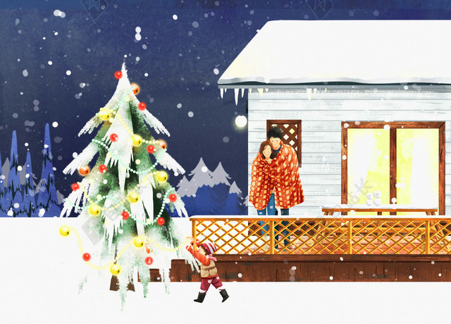 小清新夜晚情侣手绘插画圣诞树大雪背景素材