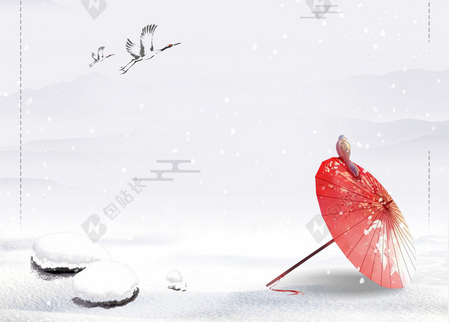中国风古风元素红色雨伞雪地大雪背景素材