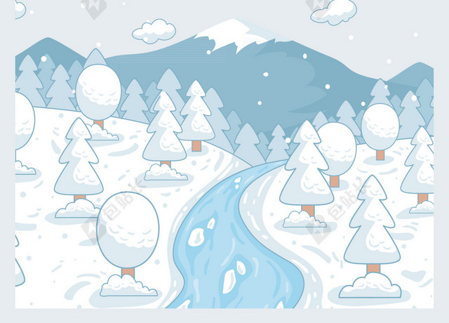 小清新风格手绘卡通雪地插画大雪背景素材