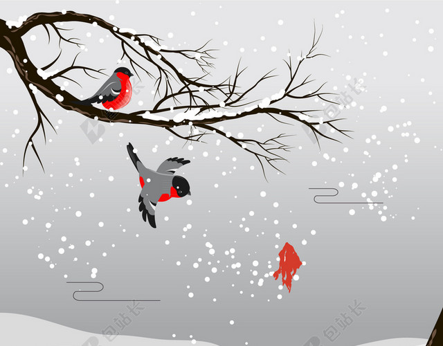 中国风红色小鸟手绘插画下雪了大雪背景素材