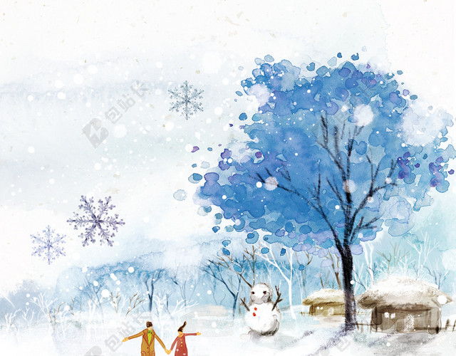创意水彩插画冬日冬至雪地背景