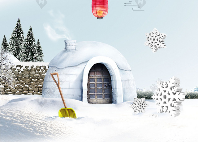 手绘简约小清新插画雪地洞穴灯笼大雪小雪海报背景素材