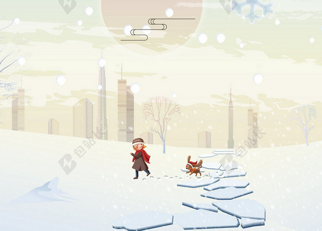 简约小清新手绘卡通插画雪地大雪小雪背景素材
