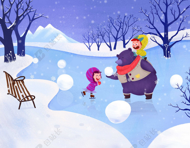 手绘可爱卡通插画小人小熊打雪仗冬天大雪小雪背景素材
