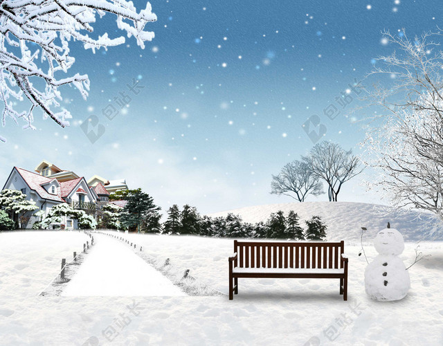 简约清新雪地小雪人冬季大雪小雪背景素材