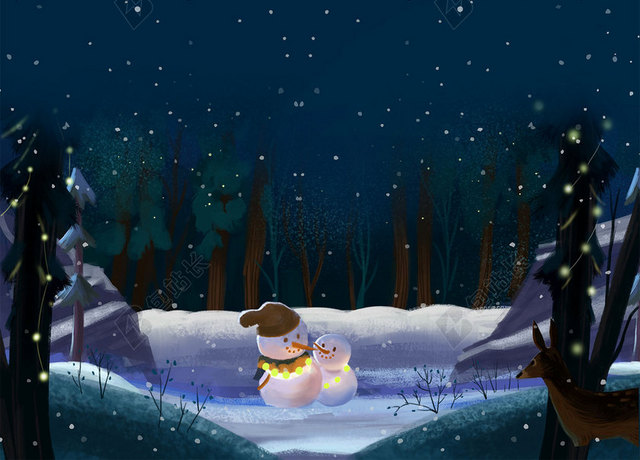 深蓝色星空月亮雪人插画圣诞节平安夜背景素材