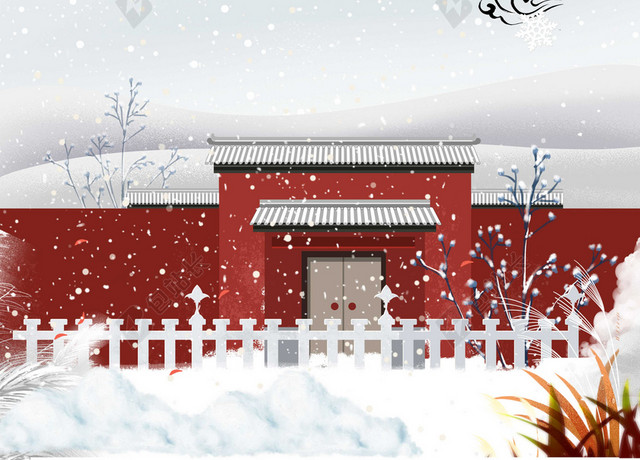 手绘中国风红色建筑大雪小雪冬至冬季冬天背景素材