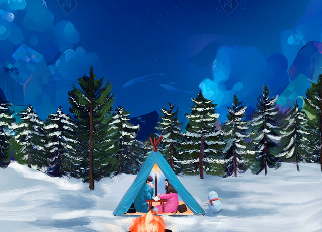 手绘清新雪夜浪漫插画大雪小雪冬至冬天海报背景素材