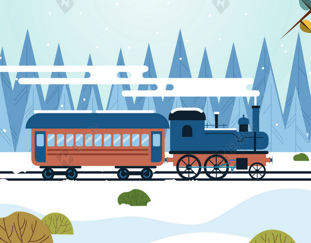 手绘卡通雪地火车春运背景模板