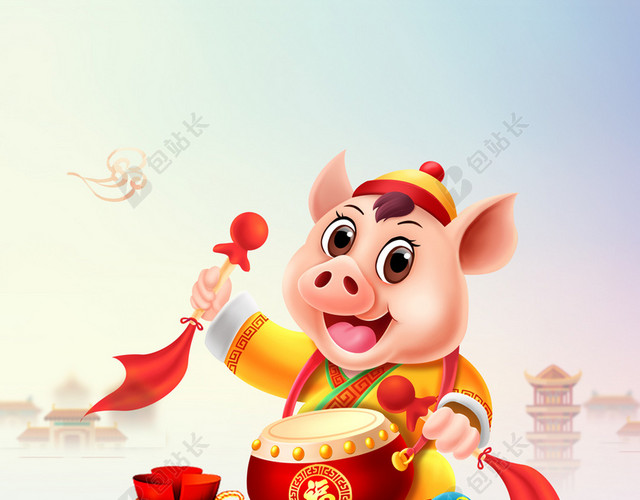 2019卡通猪年新年过年红色喜庆海报背景