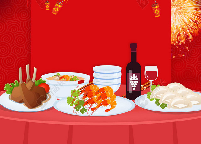 手绘卡通红色喜庆2019猪年除夕夜新年过年年夜饭背景素材