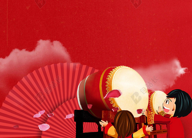 2019新年烟花扇子猪年过年喜庆红色海报展板背景