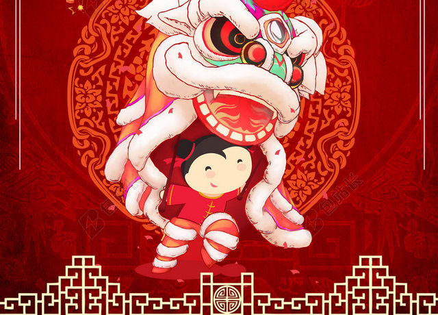 红色舞狮剪纸边框2019猪年元旦新年海报背景