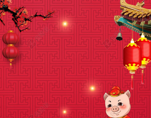 红色背景新年喜庆卡通小猪迎战猪年迎战2019海报背景素材