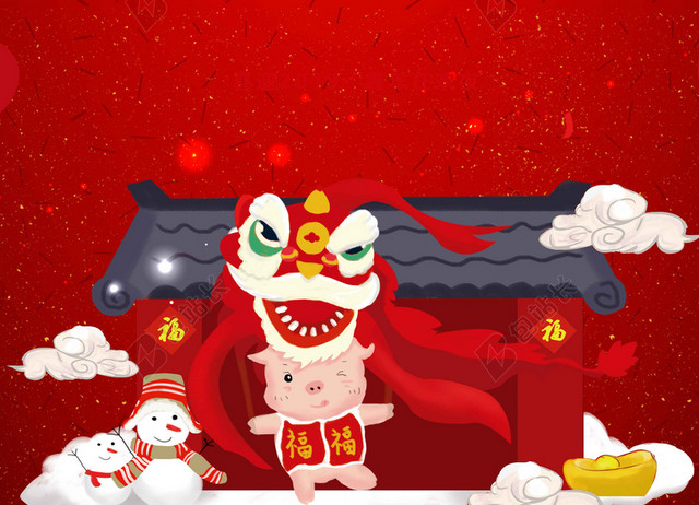 中国红新年喜庆卡通小猪舞狮迎战猪年迎战2019背景素材