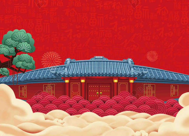 阖家欢乐红色喜庆2019新年猪年吉祥贺词贺岁海报背景