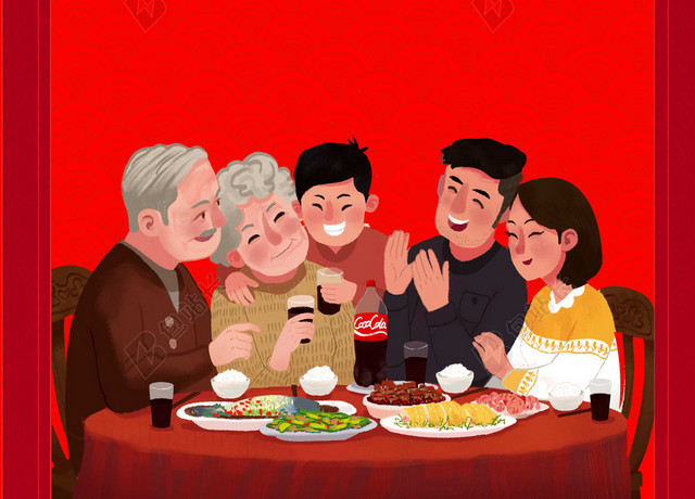 红色背景一家人团年饭2019猪年新年小年海报背景素材