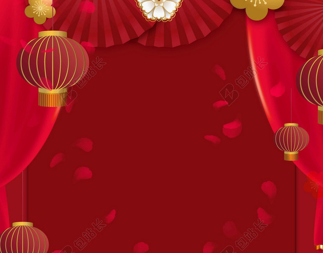 手绘花朵灯笼2019新年猪年邀请函红色喜庆海报背景素材