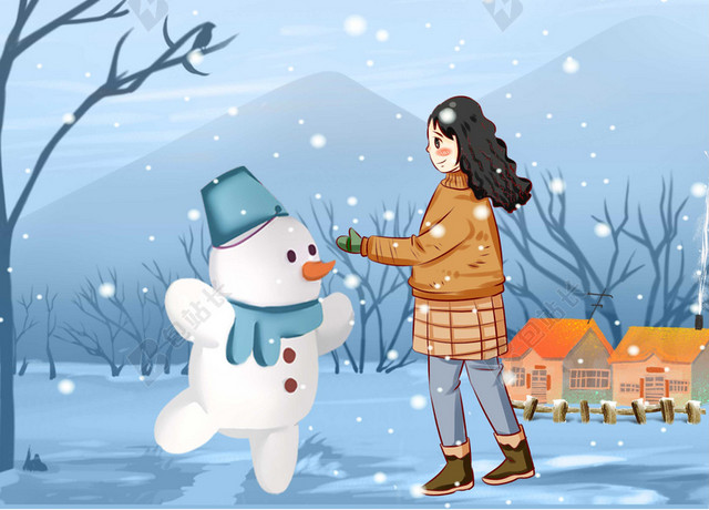 雪人与女孩卡通插画小寒大寒下雪冬天海报背景素材