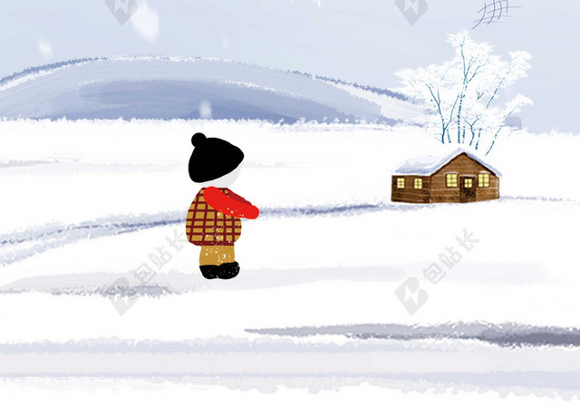 雪地手绘插画小寒大寒冬天冬季海报白色背景素材