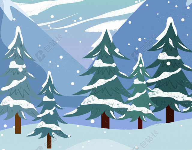 手绘卡通树木雪地小寒大寒冬天海报背景素材