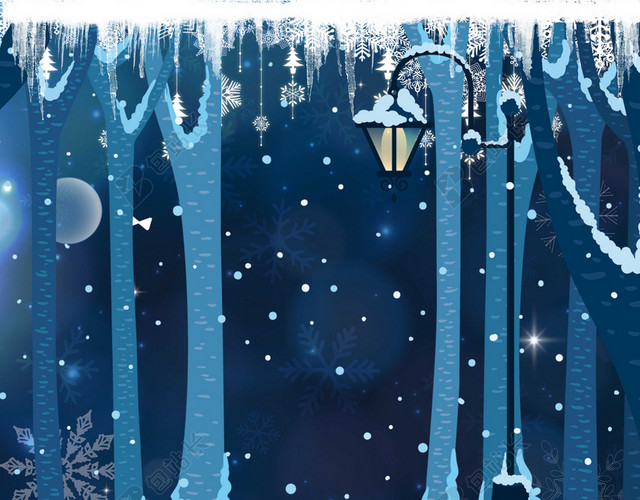 手绘插画蓝色背景小寒大寒冬天下雪海报背景素材