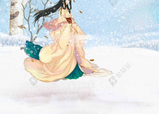 手绘古风女性插画小寒大寒海报背景素材
