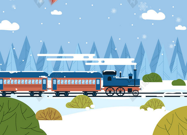 手绘雪景火车气球2019新年猪年春运海报背景