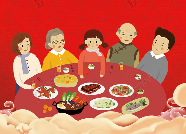 全家福新年2019猪年除夕年夜饭喜庆海报背景