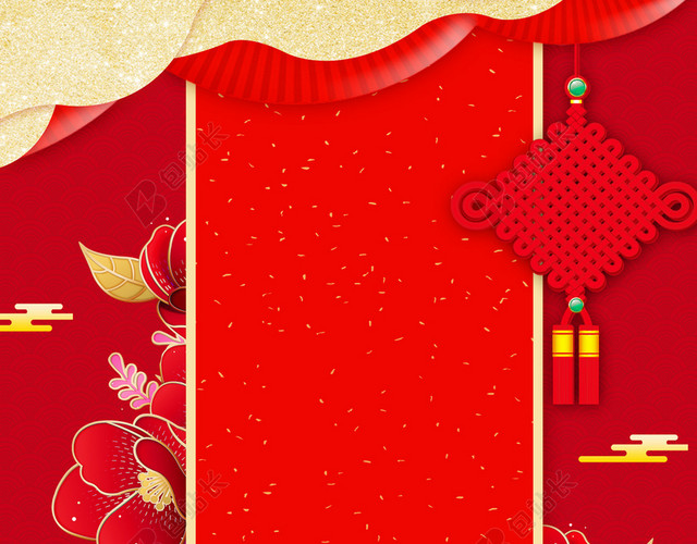 红色喜庆花卉背景中国结2019开工大吉开业大吉新年猪年海报背景