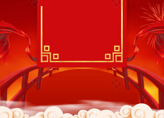 插画桥中国风烟花边框2019开工大吉开业大吉新年猪年海报背景