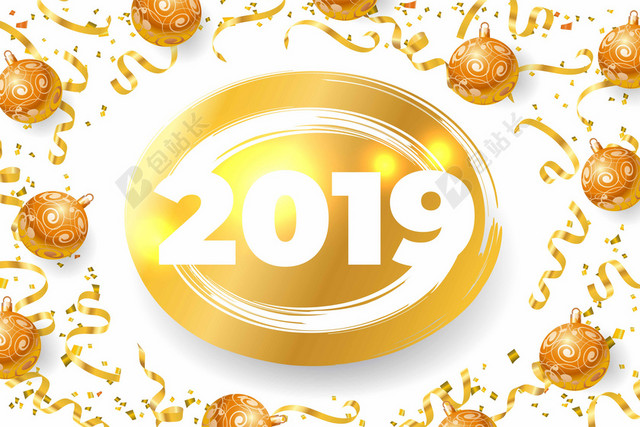金色彩带圆形白色数字2019猪年新年海报背景