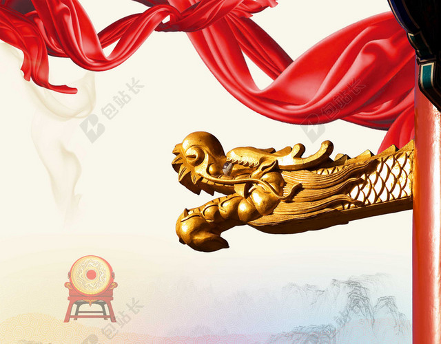 手绘山水中国风建筑二月二龙抬头传统节日海报背景