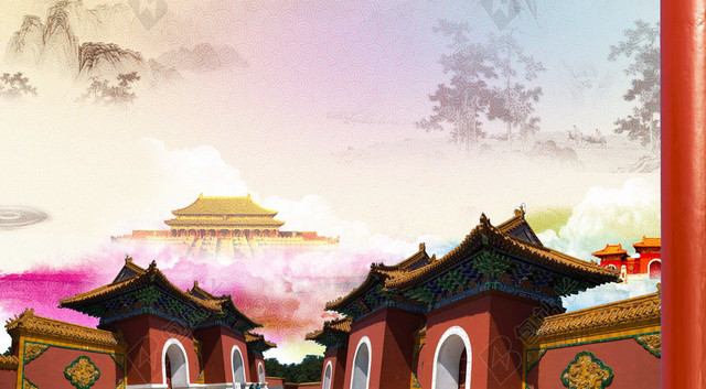 手绘山水中国风建筑二月二龙抬头传统节日海报背景
