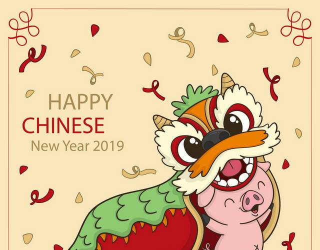 卡通可爱小猪舞狮子