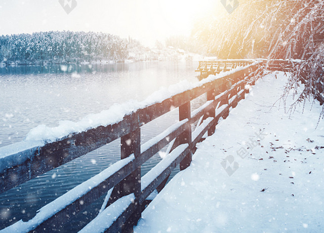 河边漫步大寒冬天冬季大雪小雪下雪小寒蓝色背景海报